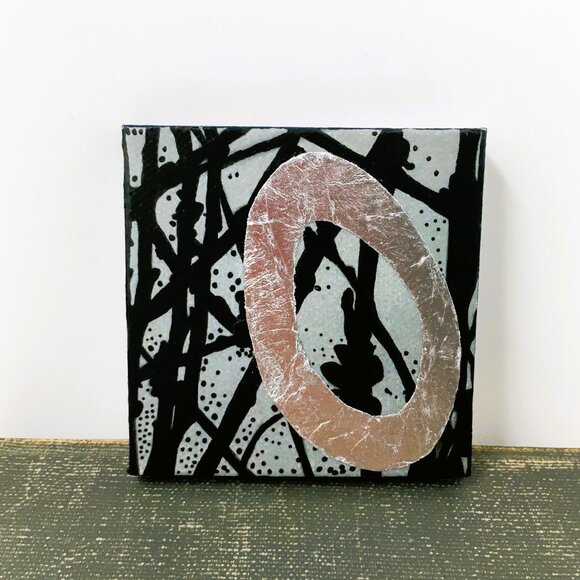 Miniature Square Gray Black Silver Leaf Branches Ink Drawing on Canvas Wall Art - Picture 8 of 16